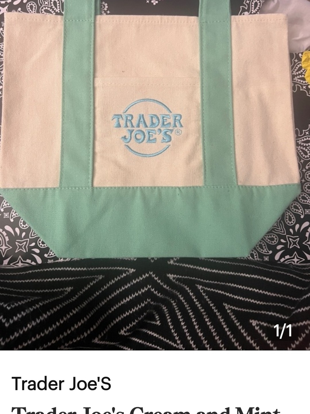 Trader Joe's Cream and Mint Canvas Tote Bag